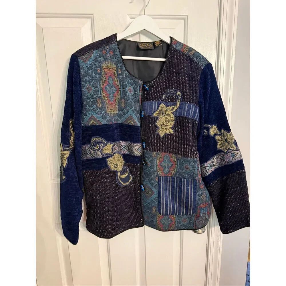 Vintage Julia Kim Blue & Gold Mixed Patch Blazer  Jacket sz XL EUC
